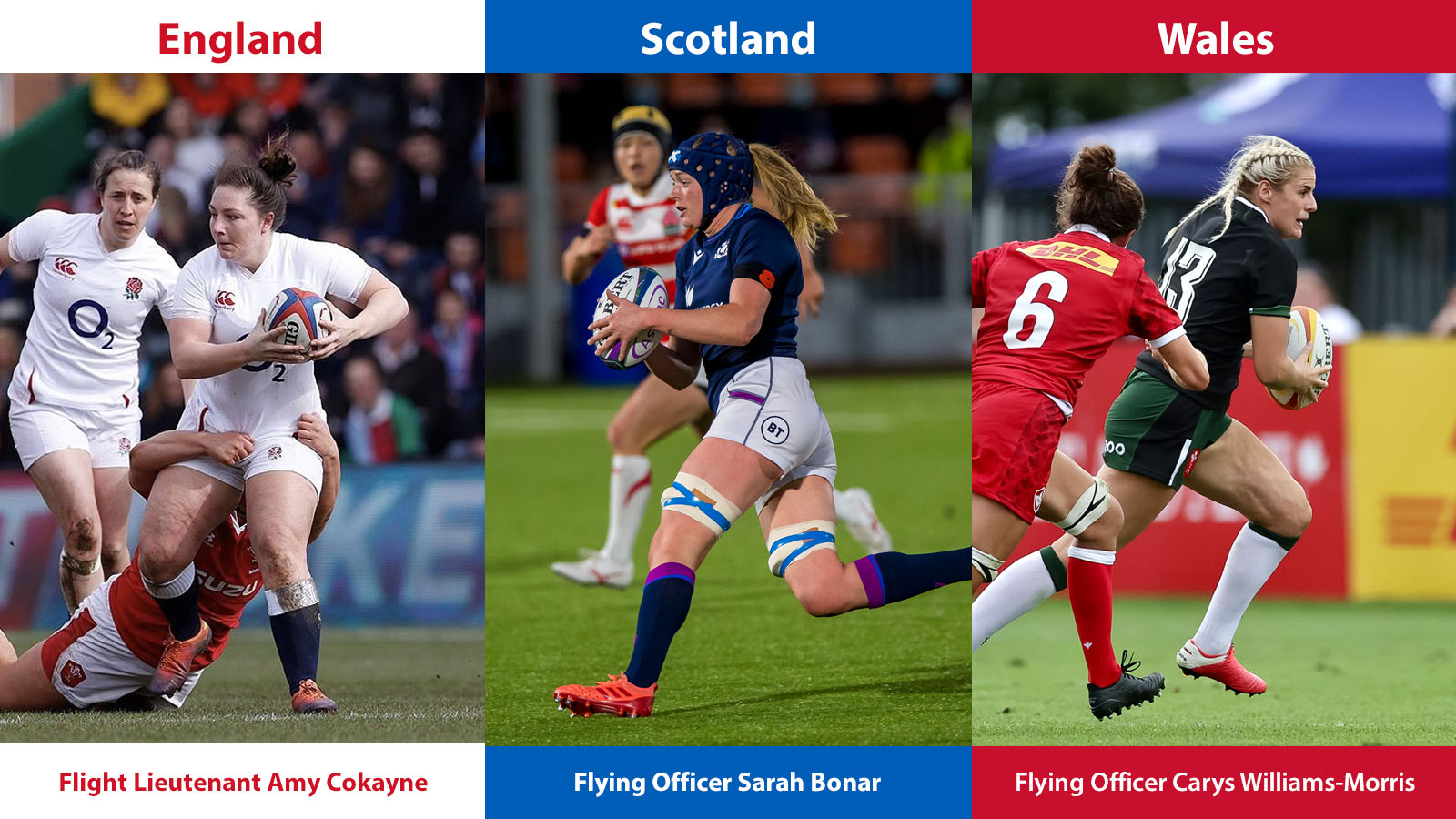 Graphic shows three images of female rugby players between headers that show their country and name.
